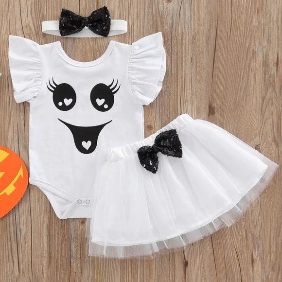 Baby Girls Ghost Tutu Skirt Outfit Set Halloween Costume - Picture 1 of 2